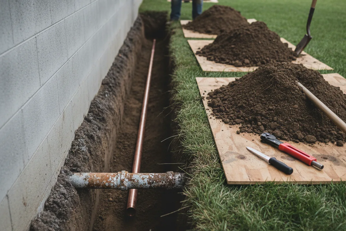 Excavated water line trench during Sewer Line Repair in Canyon